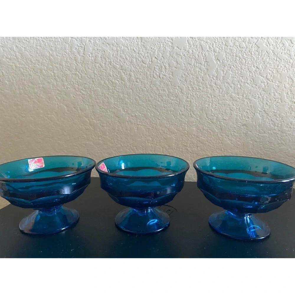3 Viking Glass Bluenique Georgian Thumbprint Footed Blue Glass Dessert MCM Bowls